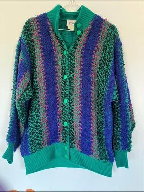 Amazing Vintage Marella Green & Purple Textured Button-Up Sweater Cardigan